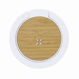 A round product with a bamboo top and a white base featuring a central design element.