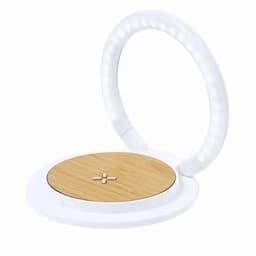 A circular light mirror with a white frame and a bamboo base, featuring an integrated light ring.