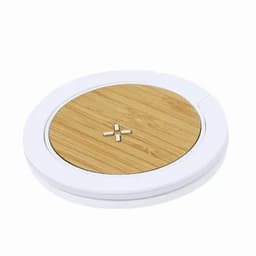 A wireless charger featuring a bamboo surface and a white base, with a logo on the front.
