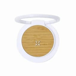 A circular product with a bamboo centre and a white outer casing. It features a logo on the surface.