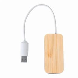 A USB hub with a bamboo exterior and a white cable, featuring multiple ports for connectivity.