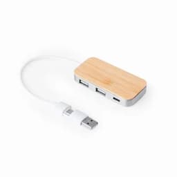 A USB hub with a bamboo top and silver base, featuring multiple ports and a white connecting cable.