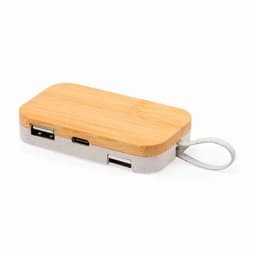 A power bank with a bamboo top and grey base, featuring two USB ports and a cable loop.