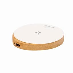 A wireless charger with a bamboo base and a white top, featuring a logo and a USB-C port.