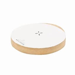 A round, wooden wireless charger with a light wood base and a smooth white top. It features a simple logo.