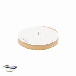 A wireless charger featuring a round design with a white top and a natural wood base, sporting a logo.