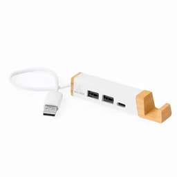 A USB hub in white and bamboo, featuring multiple USB ports and a connecting cable.