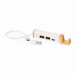 A USB hub with a white body and bamboo accents, featuring multiple ports and a connecting cable.
