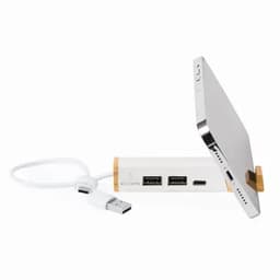 A white charging station with a wooden stand, featuring two USB ports and a USB-C port.