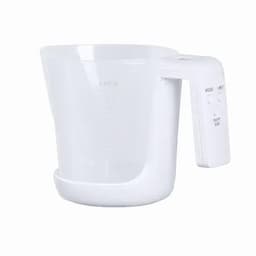 A measuring cup in white plastic with a handle, featuring measurement markings and buttons on the side.