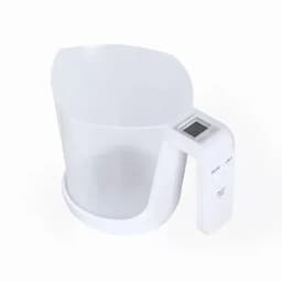A measuring jug with a digital display, featuring a white plastic design and a handle for easy pouring.