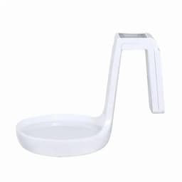 A white drink bottle holder with a curved handle and a round base. It features a minimalist design.