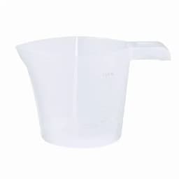 A measuring jug in clear plastic, featuring a spout and handle, with measurement markings on the side.