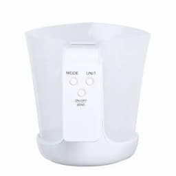 A drink bottle in transparent white with a button panel featuring three buttons. It has a sleek, modern design.