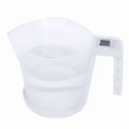 A clear plastic measuring jug filled with water, featuring a handle and measurement markings on the side.