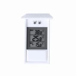 A white digital thermometer displaying maximum, current, and minimum temperature readings in Celsius.