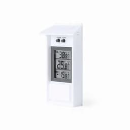 A digital thermometer displayed in white, featuring a roof-like cover, showing maximum, minimum, and current temperature readings.