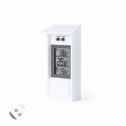 A digital thermometer with a white casing displaying various temperature readings. It features two buttons and a covered screen.