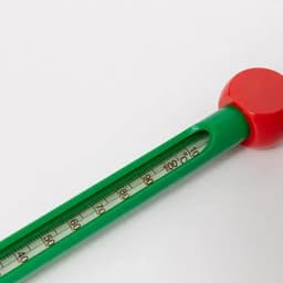 A green thermometer with a red cap features a thermometer scale marked in degrees.