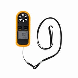A handheld anemometer with an orange and black casing, featuring a digital display and a lanyard.