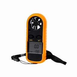A handheld anemometer in orange and black with a digital display showing wind speed and temperature.