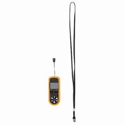 A handheld digital anemometer in orange and black, featuring a display and a lanyard for portability.