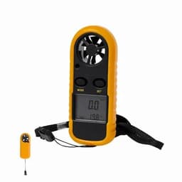 A handheld anemometer in yellow and black, featuring a digital display and a wrist strap for convenience.