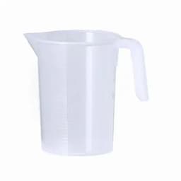 A clear plastic measuring jug with a spout and handle, featuring measurement markings on the side.