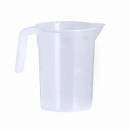 A transparent plastic measuring jug with a spout and handle.