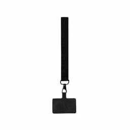 A black luggage tag with a sturdy strap for attachment. It features a simple rectangular shape.