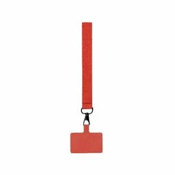 A luggage tag with a red strap and rectangular attachment, featuring a clip for securing it to bags.