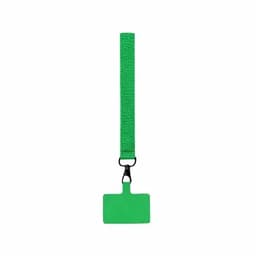 A green lanyard with a clip and a rectangular tag holder attached.
