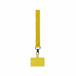 A yellow lanyard with a flat badge holder attached at the end. The lanyard features a clip for securing items.