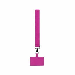 A lanyard with a pink strap and a rectangular card holder attached.