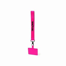 A pink luggage tag with a strap, featuring a hook for easy attachment. It has a logo on the strap.