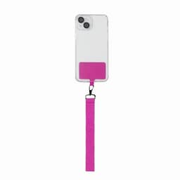 A phone case with a clear back, pink accent, and a pink strap for hanging or carrying.