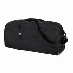A black duffel bag with a shoulder strap and a front zip pocket. It features a simple, sleek design.