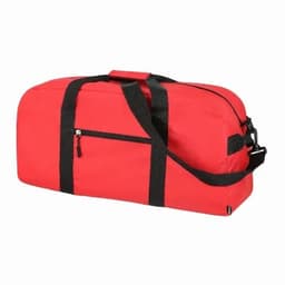 A red duffel bag with black straps and a small zippered pocket on the side. It has a sturdy handle and shoulder strap.