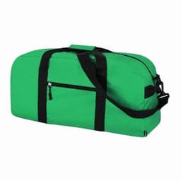A green duffel bag with black straps and a zippered pocket on the side.