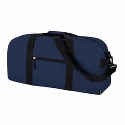 A duffel bag in navy blue with black straps and a side pocket. It features a zip closure and a shoulder strap.