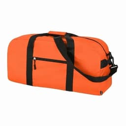 An orange duffel bag with black straps and a side zippered pocket.