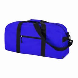 A blue duffel bag with black straps and a zippered pocket on the side. It features a sturdy handle for easy carry.