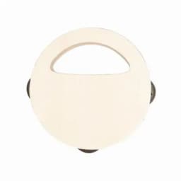 A round, light-coloured serving tray with a handle and curved edges, featuring black non-slip feet.