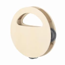 A round, cream-coloured promotional product with a handle and wheels, featuring a smooth surface and a minimalist design.