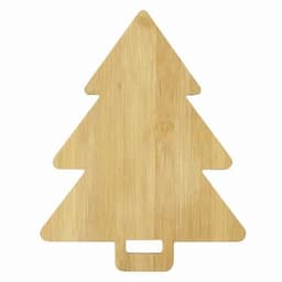 A bamboo chopping board shaped like a Christmas tree, featuring a handle for easy lifting.