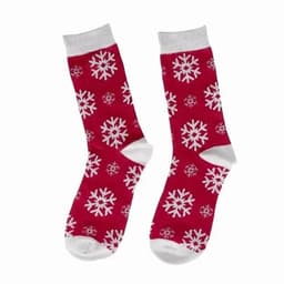 Red socks featuring a white snowflake pattern, with contrasting grey cuffs and toes.