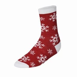 A red sock featuring white snowflake patterns with a white cuff. It has a festive seasonal design.