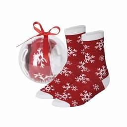Red socks with white snowflake patterns, packaged in a clear round box with a ribbon.