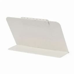A white desktop phone holder with a smooth surface and a slotted back for securing devices.