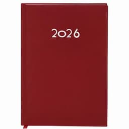 A red planner for the year 2026 featuring a simple embossed design. It has a ribbon marker and a smooth cover.